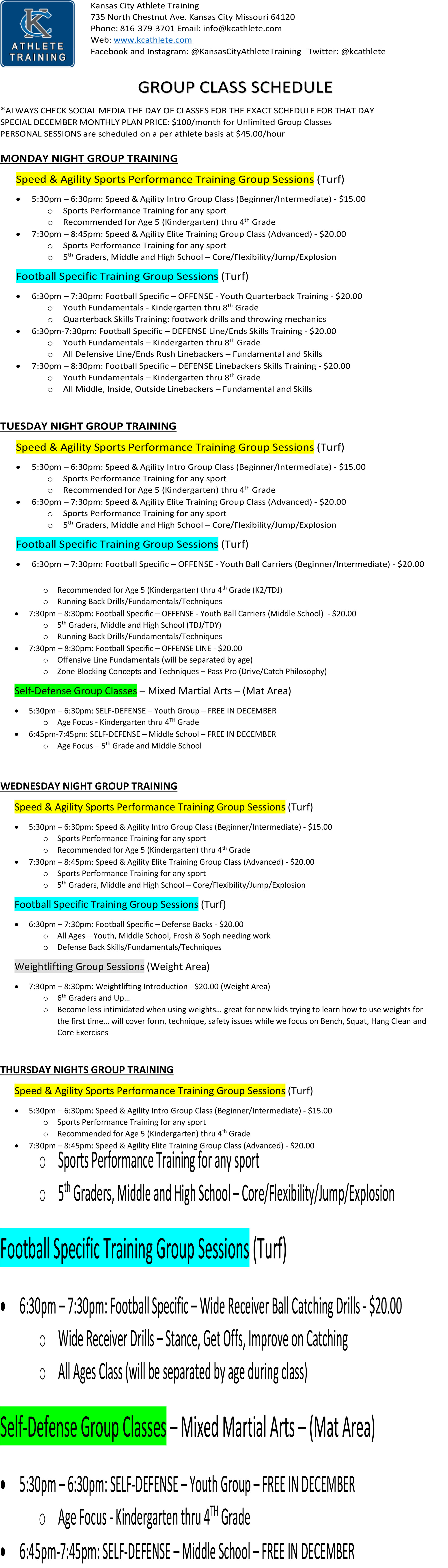 Class Schedule Kansas City Athlete Training in Kansas City Missouri